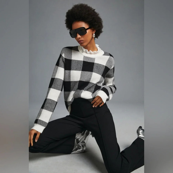 Anthropologie ruffle collar pullover sweater large black white plaid check - Picture 1 of 15
